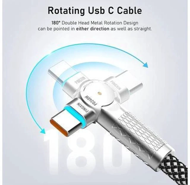 Alt view image 3 of 7 - USB C to USB C Cable10ft 240W 2-Pack Braided 180Rotating Type C Charging CableFast Charge for iPhone 16/16Pro/16Plus/16ProMax MacBook Air iPad Pro Pixel Galaxy S23/S24 Ultra-Black