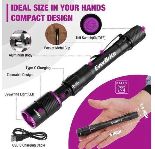 Alt view image 3 of 7 - EverBrite Rechargeable Pen Flashlight with UV Light and White Light, 395nm Black Flashlight with Clip, Zoomable 4 Modes with Memory Function, USB C Cable, for Camping, Emergency, Pet Urine Detection