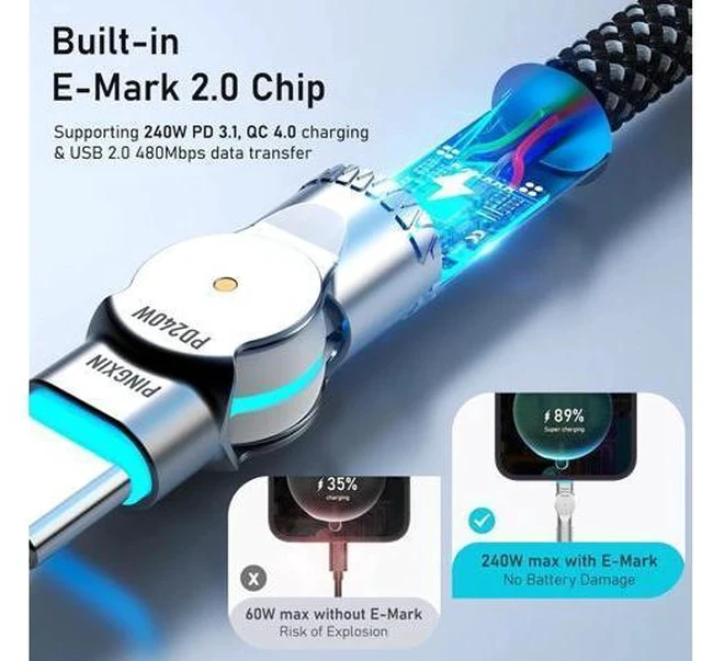 Alt view image 5 of 7 - USB C to USB C Cable10ft 240W 2-Pack Braided 180Rotating Type C Charging CableFast Charge for iPhone 16/16Pro/16Plus/16ProMax MacBook Air iPad Pro Pixel Galaxy S23/S24 Ultra-Black
