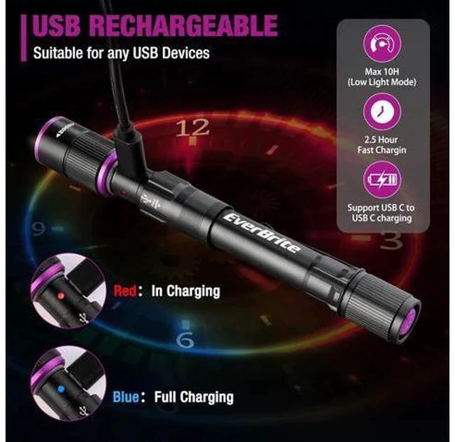 Alt view image 4 of 7 - EverBrite Rechargeable Pen Flashlight with UV Light and White Light, 395nm Black Flashlight with Clip, Zoomable 4 Modes with Memory Function, USB C Cable, for Camping, Emergency, Pet Urine Detection