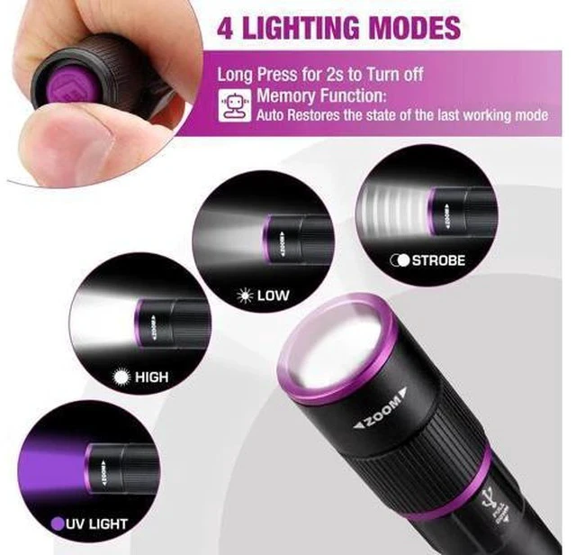 Alt view image 2 of 7 - EverBrite Rechargeable Pen Flashlight with UV Light and White Light, 395nm Black Flashlight with Clip, Zoomable 4 Modes with Memory Function, USB C Cable, for Camping, Emergency, Pet Urine Detection