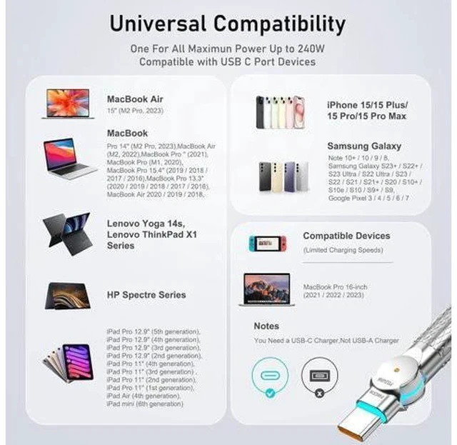 Alt view image 7 of 7 - USB C to USB C Cable10ft 240W 2-Pack Braided 180Rotating Type C Charging CableFast Charge for iPhone 16/16Pro/16Plus/16ProMax MacBook Air iPad Pro Pixel Galaxy S23/S24 Ultra-Black