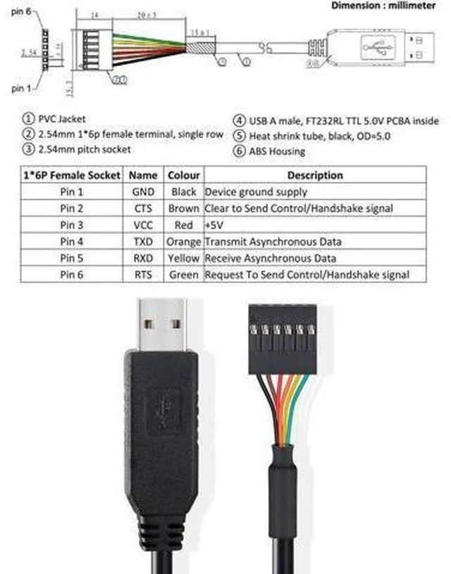 Alt view image 3 of 7 - DTECH FTDI USB to TTL Serial Adapter 5V Cable 6 Pin Female Socket Header UART IC FT232RL Chip for Windows 10 8 7 Linux MAC OS (3ft, Black)