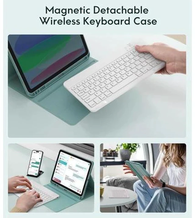 Alt view image 4 of 7 - CHESONA Keyboard Case for iPad 10th Generation 10.9-inch 2022, Detachable Bluetooth Keyboard, Stand Folio Keyboard Cover with Pencil Holder, Rechargeable Keyboard for iPad 10th Gen 2022 (Lake Green)