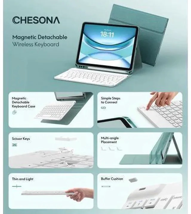 Alt view image 3 of 7 - CHESONA Keyboard Case for iPad 10th Generation 10.9-inch 2022, Detachable Bluetooth Keyboard, Stand Folio Keyboard Cover with Pencil Holder, Rechargeable Keyboard for iPad 10th Gen 2022 (Lake Green)