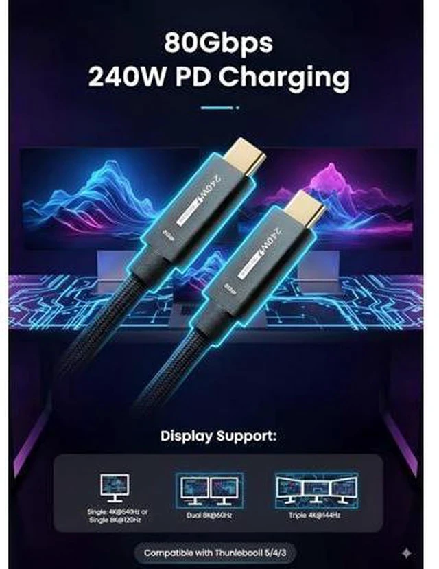 Alt view image 2 of 7 - USB C Cable 4ft Thunderbolt 5/4 Supported 80Gbps Data Transfer 240W Fast Charging Up to 120Gbps Bandwidth Compatible with 8K/4K Display for iPhone 17/16/15 Pro Max Plus MacBook