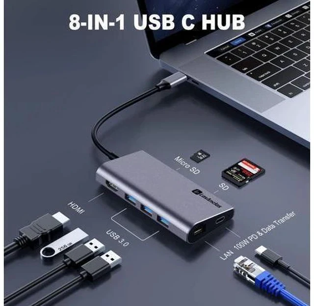 Alt view image 2 of 7 - USB C Hub Ethernet Multiport Adapter, LasAnclas 8-in-1 USB C Docking Station 4K HDMI, 100W PD, 3 USB 3.0, 1Gbps LAN USB C Dongle, SD/TF Reader USB C Dock for MacBook Air/Pro,iPad Pro 2021