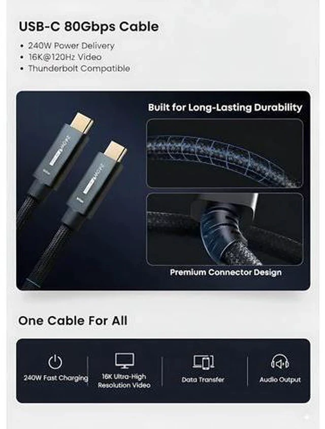 Alt view image 7 of 7 - USB C Cable 4ft Thunderbolt 5/4 Supported 80Gbps Data Transfer 240W Fast Charging Up to 120Gbps Bandwidth Compatible with 8K/4K Display for iPhone 17/16/15 Pro Max Plus MacBook