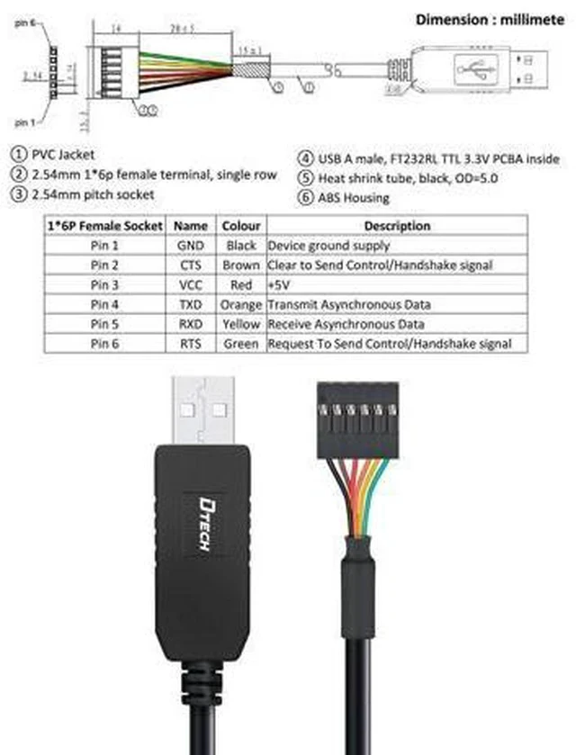 Alt view image 3 of 7 - DTECH 6ft USB to TTL Serial Cable 3.3V 6 Pin UART Adapter Genuine FTDI FT232RL Chip Debug Cord Compatible with Windows 11 10 8 7 Linux MAC OS 6Pin 3v3 Level Signal 2.54mm Dupont Female Header