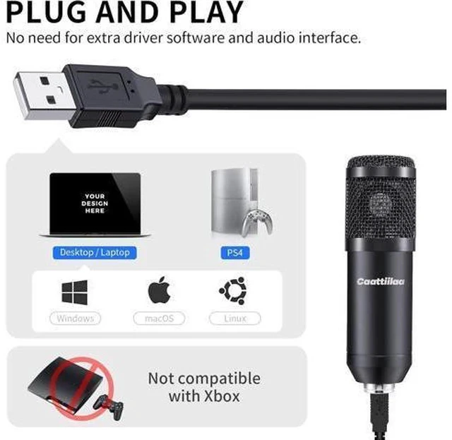 Alt view image 2 of 7 - Caattiilaa USB Microphone - PC Streaming Podcast Microphone, Recording Microphone, Gaming Microphone, 192KHZ/24Bit Condenser Mic, USB Mic Kit with Sound Chipset Boom