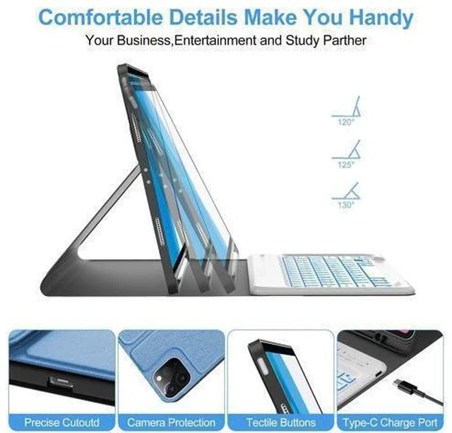 Alt view image 3 of 7 - iPad Air 13 inch Case with Keyboard (M2, 2024), Keyboard Case for iPad 12.9" 6th 2022/5th 2021/4th 2020/3rd 2018, Detachable Bluetooth Keyboard, 7 Colors Backlit, Slim Folio Cover with Pen Holder Blue