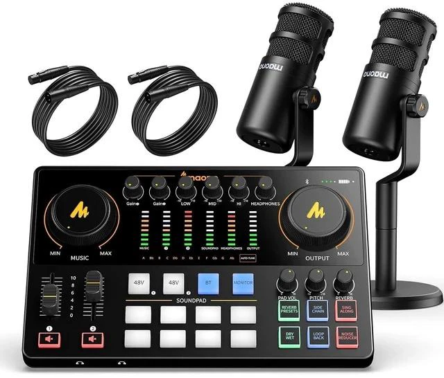 Main image of Podcast Equipment Bundle for 2: Audio Interface Mixer with 2 XLR Dynamic Mic Noise Reduction Podcast