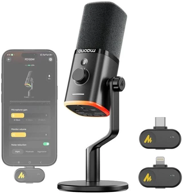 Main image of PD100W Wireless Dynamic Desktop Microphone for iPhone, Android & PC | USB-C & Lightning Receivers, N