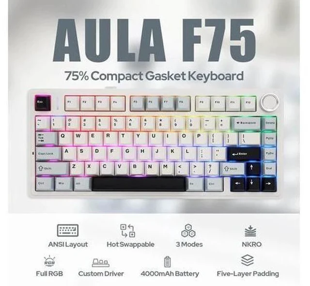 Main image of F75 Gasket Mechanical Keyboard, 75% Wireless Hot Swappable Gaming Keyboard with Five-Layer Padding&Knob, Bluetooth/2.4GHz/USB-C, RGB (Light Blue, LEOBOG Reaper Switch)