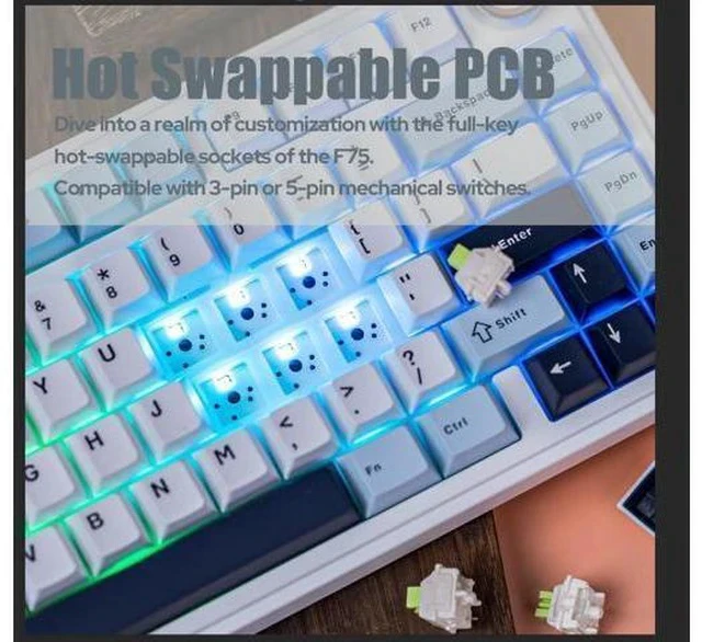 Alt view image 3 of 6 - F75 Gasket Mechanical Keyboard, 75% Wireless Hot Swappable Gaming Keyboard with Five-Layer Padding&Knob, Bluetooth/2.4GHz/USB-C, RGB (Light Blue, LEOBOG Reaper Switch)