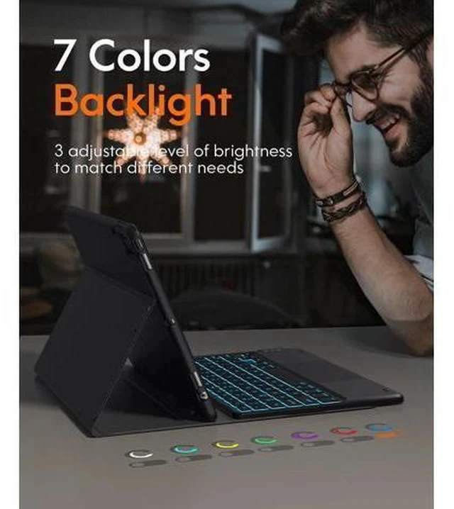 Alt view image 3 of 7 - iPad 9th Generation Case with Keyboard, 7 Color Backlit, Multi-Touch Trackpad, Built-in Pencil Holder, 2 Bluetooth Channels, Flip Stand Keyboard Case for iPad 9th/8th/7th Gen 10.2 Black