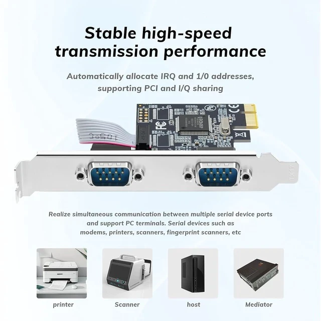 Alt view image 4 of 7 - 2-Port PCIe RS232 Serial Parallel Card - PCI Express to DB9 Expansion Card COM Port Adapter with AX9900 Chipset, Industrial Grade Gold-Plated Connector for Desktop PC