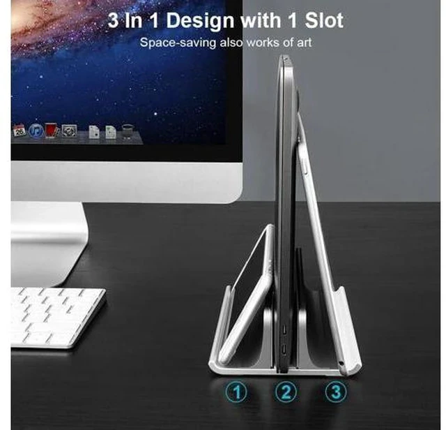 Alt view image 2 of 7 - 3-in-1 Aluminum Laptop Stand Vertical Laptop Stand Holder for Desk with Adjustable Dock Space-Saving Organizer for All MacBook Surface HP up to 17.3 inch