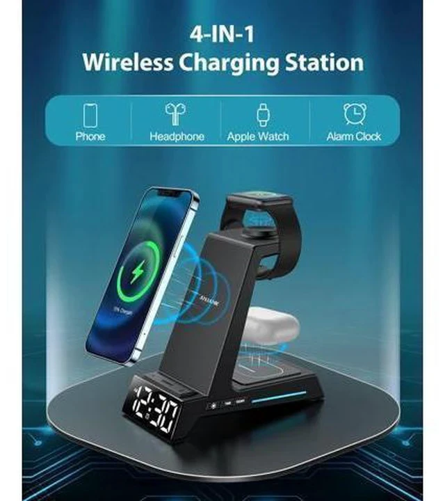 Alt view image 2 of 7 - Wireless Charging Station - 4 in 1 Wireless Charger with Alarm Clock, Charging Stand Dock for iPhone 15/14/13/12/11/Pro/Max/XR/XS/X/ Phone, for AirPods Pro/3/2, Apple Watch 9/8/7/6/5/SE/4/3/2