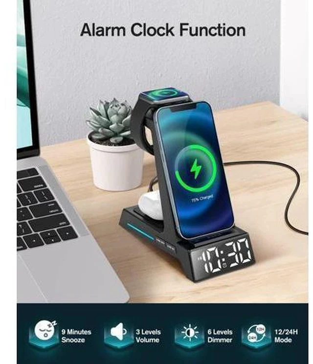 Alt view image 3 of 7 - Wireless Charging Station - 4 in 1 Wireless Charger with Alarm Clock, Charging Stand Dock for iPhone 15/14/13/12/11/Pro/Max/XR/XS/X/ Phone, for AirPods Pro/3/2, Apple Watch 9/8/7/6/5/SE/4/3/2
