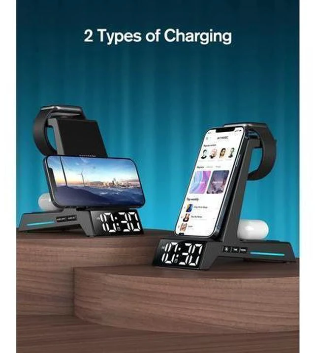 Alt view image 4 of 7 - Wireless Charging Station - 4 in 1 Wireless Charger with Alarm Clock, Charging Stand Dock for iPhone 15/14/13/12/11/Pro/Max/XR/XS/X/ Phone, for AirPods Pro/3/2, Apple Watch 9/8/7/6/5/SE/4/3/2