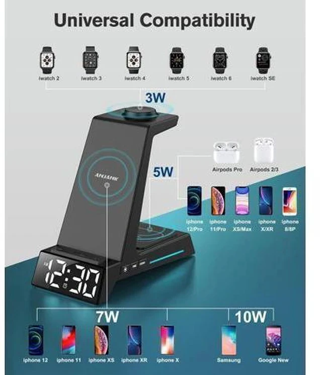 Alt view image 5 of 7 - Wireless Charging Station - 4 in 1 Wireless Charger with Alarm Clock, Charging Stand Dock for iPhone 15/14/13/12/11/Pro/Max/XR/XS/X/ Phone, for AirPods Pro/3/2, Apple Watch 9/8/7/6/5/SE/4/3/2