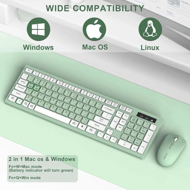 Alt view image 4 of 7 - Wireless Keyboard and Mouse Combo, 2.4G Full Size Silent Keyboard with Fn Multimedia Keys for Office and Home, 3-Level DPI Adjustable Quiet Mouse for Windows,Mac OS Desktop/Laptop/PC(Avocado Green)