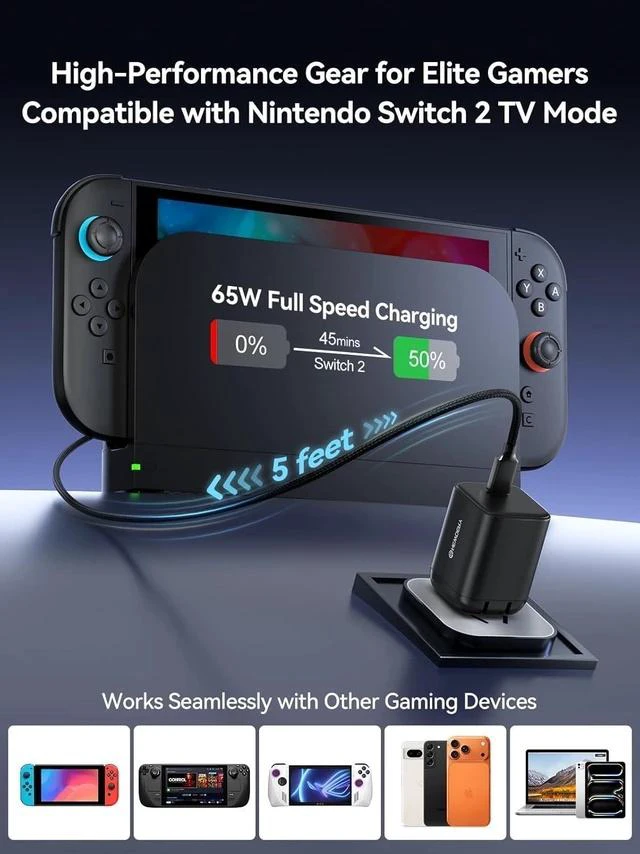 Alt view image 3 of 7 - USB-C 65W GaN Charger for Nintendo Switch 2 (TV Mode) Small PD PPS USB-C Fast Wall Charging Block with 5ft Cable for Switch Steam Deck ROG Ally iPhone Android Tablet & Laptop