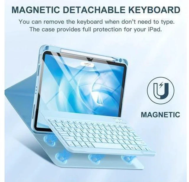 Alt view image 4 of 7 - Harvopu iPad Air 5th 4th Generation Case with Keyboard 10.9 Inch, Folio Keyboard Cover with Pencil Holder for iPad Air 5th Gen 2022/Air 4th Gen 2020, Detachable Backlit Wireless Keyboard (Sky Blue)