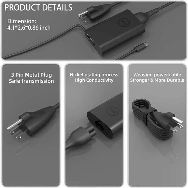 Alt view image 5 of 7 - 65W 45 Watt AC Adapter Compatible with Laptop Charger USB C Computer Latitude 5420 7420 5540 5440 3540 7440 5450 5430 5520 5530 7430 E5430 E5440 XPS 13 Type C Power Cord