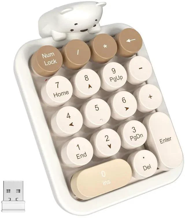 Main image of Wireless Number Pad with Bear - Mixed Milktea Numeric Keypad 18 Keys 2.4G Round Keycap Colorful Extensions Cute Numpad, Portable Accounting Financial Retro Numpad 10 Key for Laptop/PC/Notebook
