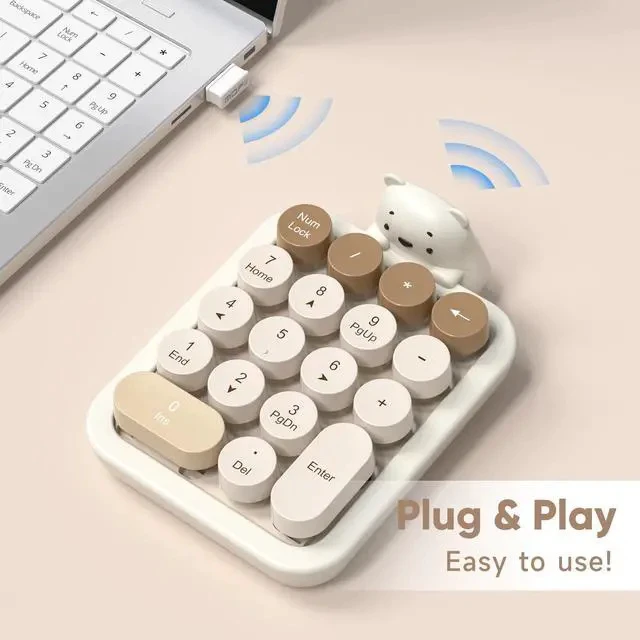 Alt view image 2 of 7 - Wireless Number Pad with Bear - Mixed Milktea Numeric Keypad 18 Keys 2.4G Round Keycap Colorful Extensions Cute Numpad, Portable Accounting Financial Retro Numpad 10 Key for Laptop/PC/Notebook