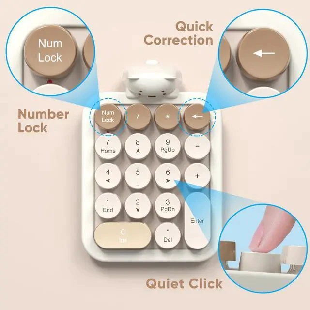 Alt view image 6 of 7 - Wireless Number Pad with Bear - Mixed Milktea Numeric Keypad 18 Keys 2.4G Round Keycap Colorful Extensions Cute Numpad, Portable Accounting Financial Retro Numpad 10 Key for Laptop/PC/Notebook
