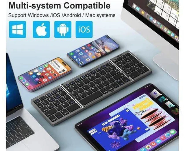 Alt view image 2 of 6 - MoKo Foldable Bluetooth Keyboard, Multi-Device Folding Wireless Keyboard with Number Pad, Portable Keyboard for Laptop Tablet Phone, USB-C Rechargeable Travel Keyboard for Windows iOS Android, Gray