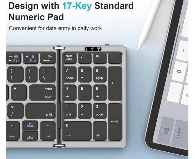 Alt view image 4 of 6 - MoKo Foldable Bluetooth Keyboard, Multi-Device Folding Wireless Keyboard with Number Pad, Portable Keyboard for Laptop Tablet Phone, USB-C Rechargeable Travel Keyboard for Windows iOS Android, Gray