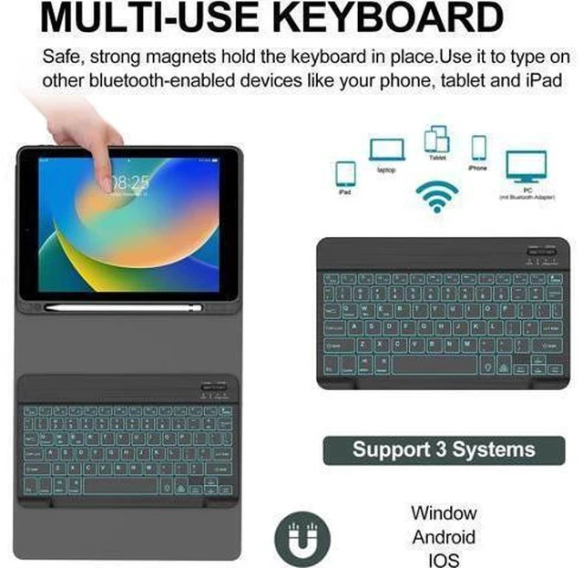 Alt view image 4 of 7 - BORIYUAN New iPad 10.2 9th 8th 7th Generation 2021 Keyboard Case, 7 Colors Backlit Detachable Keyboard Slim Leather Folio Smart Cover for iPad 10.2 Inch/iPad Air 10.5"(3rd Gen)/iPad Pro 10.5" Black