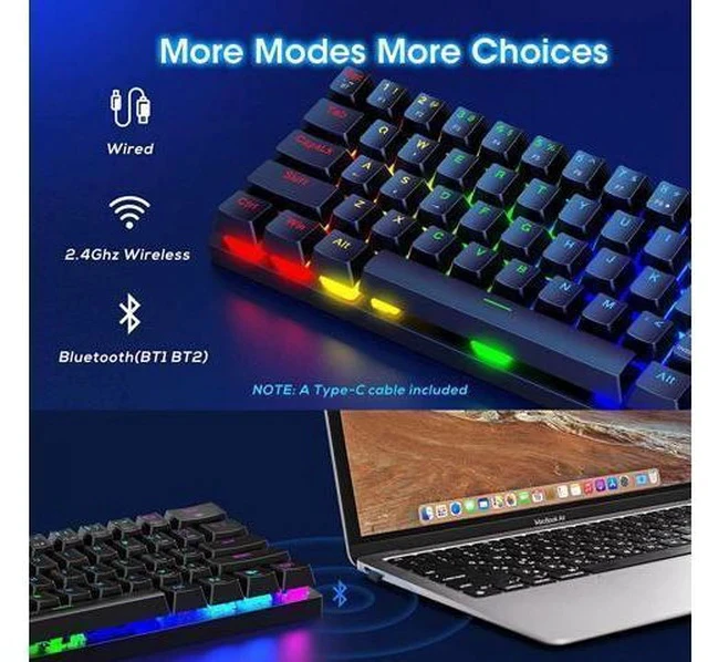 Alt view image 3 of 7 - 60% Wireless Mechanical Keyboard, 2.4G/Type-C/Bluetooth Keyboard with RGB Backlit, Clicky Blue Switch, 61 Keys Mini Office Wired Gaming Keyboard for iPad Mac Windows Xbox Gamer, Easy to Carry on Trip