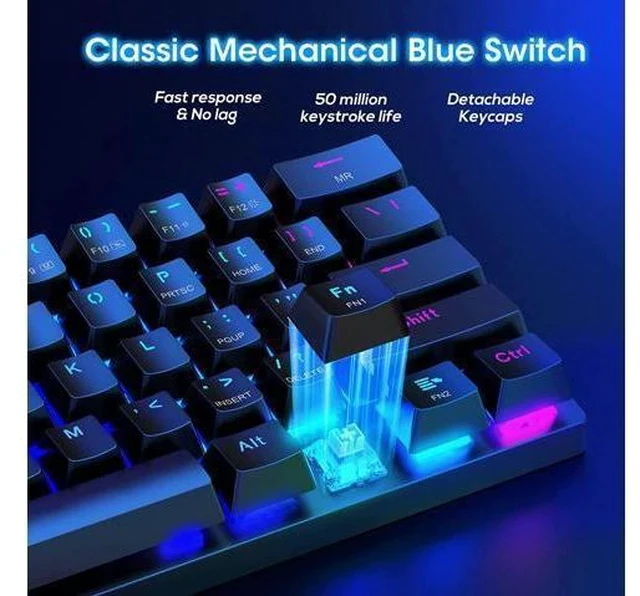 Alt view image 5 of 7 - 60% Wireless Mechanical Keyboard, 2.4G/Type-C/Bluetooth Keyboard with RGB Backlit, Clicky Blue Switch, 61 Keys Mini Office Wired Gaming Keyboard for iPad Mac Windows Xbox Gamer, Easy to Carry on Trip