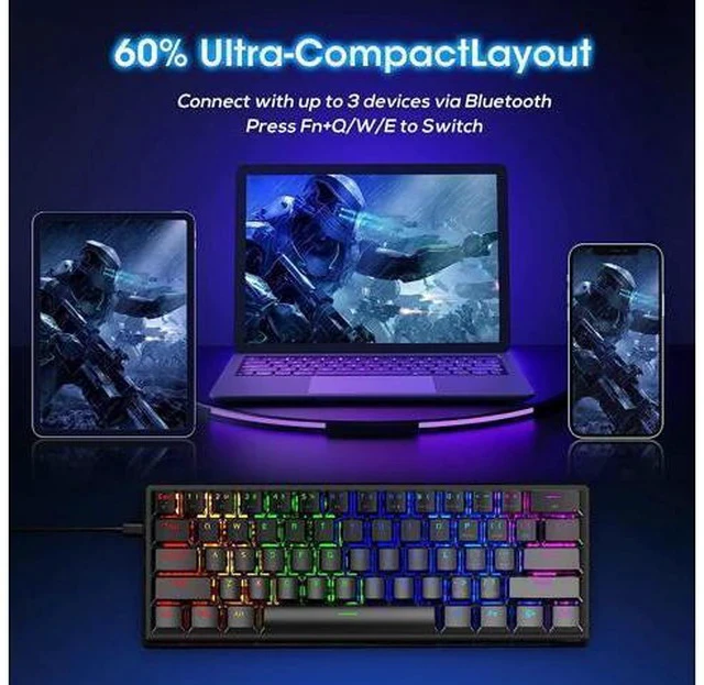 Alt view image 2 of 7 - 60% Wireless Mechanical Keyboard, 2.4G/Type-C/Bluetooth Keyboard with RGB Backlit, Clicky Blue Switch, 61 Keys Mini Office Wired Gaming Keyboard for iPad Mac Windows Xbox Gamer, Easy to Carry on Trip