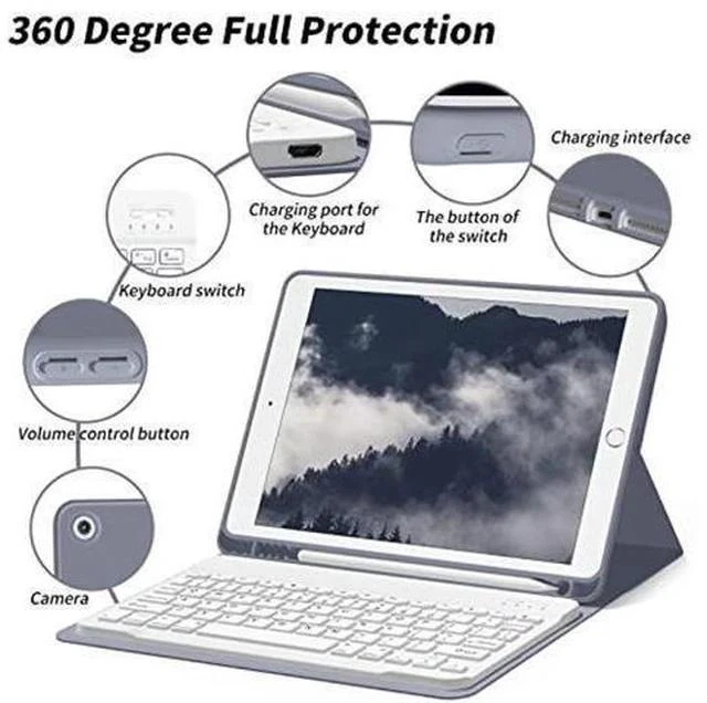 Alt view image 3 of 7 - Aoub Keyboard Case for iPad 9th Generation 2021/8th Gen 2020/7th Gen 2019 10.2 Inch, Detachable Wireless Bluetooth Keyboard, Stand Folio Keyboard Cover with Pencil Holder, Auto Sleep/Wake, Purple Gray