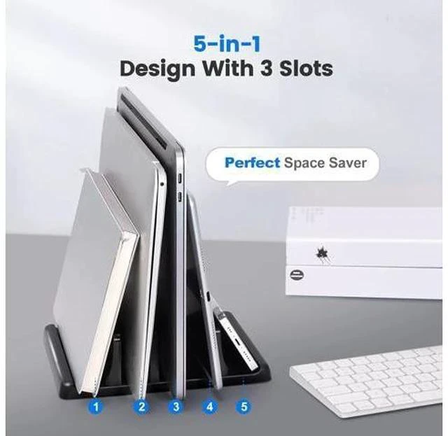 Alt view image 2 of 7 - 3-Slot Vertical Laptop Stand Holder Adjustable ABS Plastic Desktop Notebook Dock Vertical Laptop Stand Space-Saving for All MacBook/Surface//HP//Chrome Book