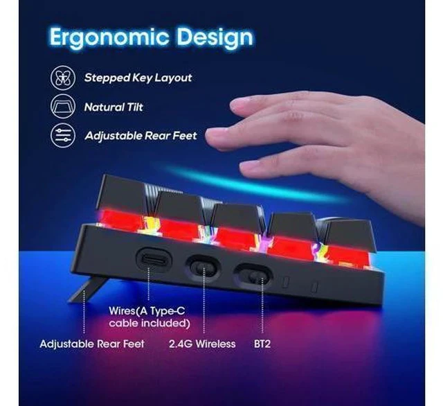 Alt view image 7 of 7 - 60% Wireless Mechanical Keyboard, 2.4G/Type-C/Bluetooth Keyboard with RGB Backlit, Clicky Blue Switch, 61 Keys Mini Office Wired Gaming Keyboard for iPad Mac Windows Xbox Gamer, Easy to Carry on Trip