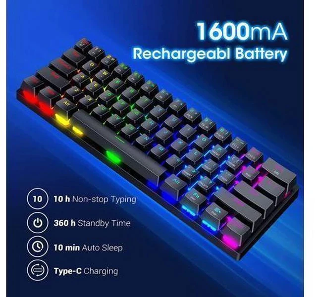 Alt view image 6 of 7 - 60% Wireless Mechanical Keyboard, 2.4G/Type-C/Bluetooth Keyboard with RGB Backlit, Clicky Blue Switch, 61 Keys Mini Office Wired Gaming Keyboard for iPad Mac Windows Xbox Gamer, Easy to Carry on Trip
