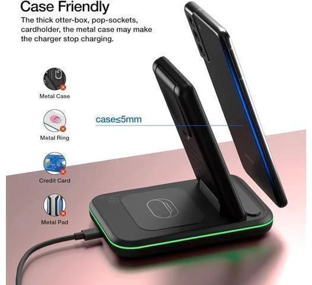 Alt view image 3 of 7 - Wireless Charger for /Android Foldable 3 in 1 Fast Charging Station/Stand/Multi Charger for S25 Ultra/S24/Note 20 Travel Pad for Galaxy Watch 7/6/5/4/Active 2 For Buds(Black)