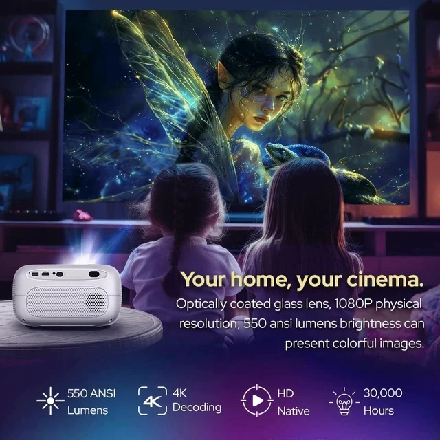 Alt view image 2 of 6 - RockTek PJ500 Bright FHD Sealed Projector, Smart OS, FULL HD, Wifi 6, Bluetooth 5.2, 550 ANSI Lumens, 130 inch screen, Auto Keystone, Auto Focus
