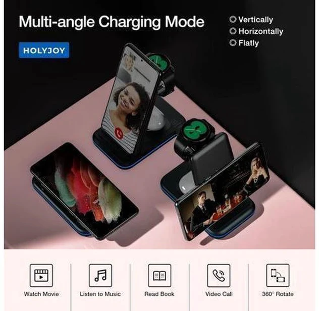 Alt view image 4 of 7 - Wireless Charger for /Android Foldable 3 in 1 Fast Charging Station/Stand/Multi Charger for S25 Ultra/S24/Note 20 Travel Pad for Galaxy Watch 7/6/5/4/Active 2 For Buds(Black)