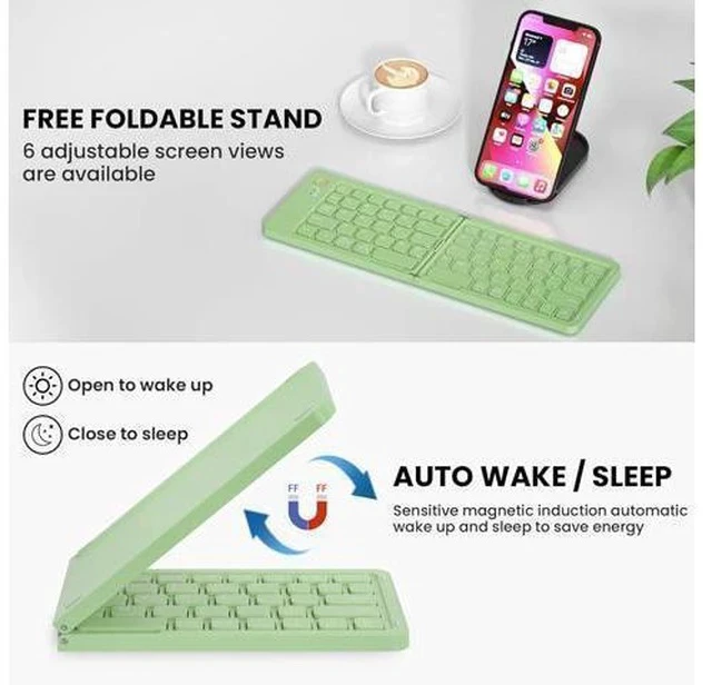 Alt view image 2 of 7 - Mini Foldable Bluetooth Keyboard - Portable Wireless Full Size Keyboard (Sync Up to 3 Devices), Ultra-Slim Aluminum Travel Folding Keyboard for iPhone iPad Mac Android Windows iOS (Green)