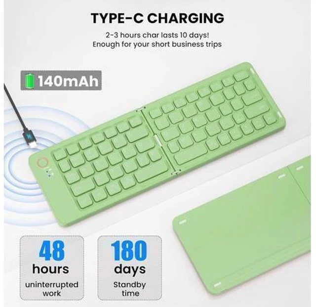 Alt view image 3 of 7 - Mini Foldable Bluetooth Keyboard - Portable Wireless Full Size Keyboard (Sync Up to 3 Devices), Ultra-Slim Aluminum Travel Folding Keyboard for iPhone iPad Mac Android Windows iOS (Green)