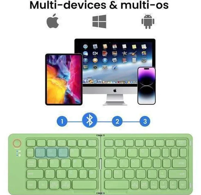 Alt view image 7 of 7 - Mini Foldable Bluetooth Keyboard - Portable Wireless Full Size Keyboard (Sync Up to 3 Devices), Ultra-Slim Aluminum Travel Folding Keyboard for iPhone iPad Mac Android Windows iOS (Green)