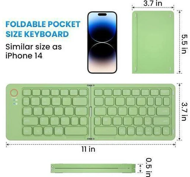 Alt view image 6 of 7 - Mini Foldable Bluetooth Keyboard - Portable Wireless Full Size Keyboard (Sync Up to 3 Devices), Ultra-Slim Aluminum Travel Folding Keyboard for iPhone iPad Mac Android Windows iOS (Green)